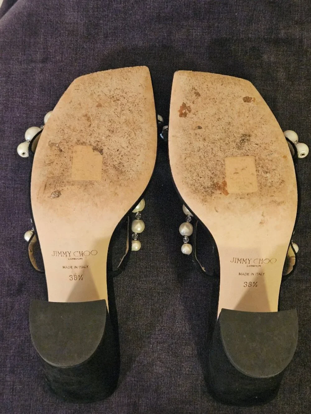Jimmy Choo Amara 85mm Pearl Straps Suede Block Heels Mules EUC  EU 38.5 US 8-8.5 - Picture 6 of 9